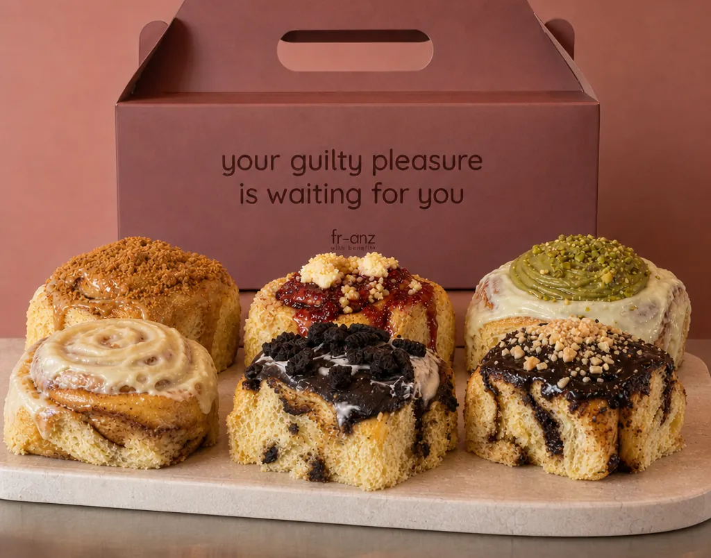 Box of six small cinnamon rolls in front of a fr-anz box